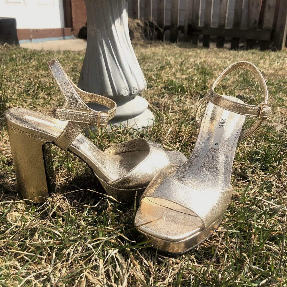 Gold Metallic Platform Heels - Zara